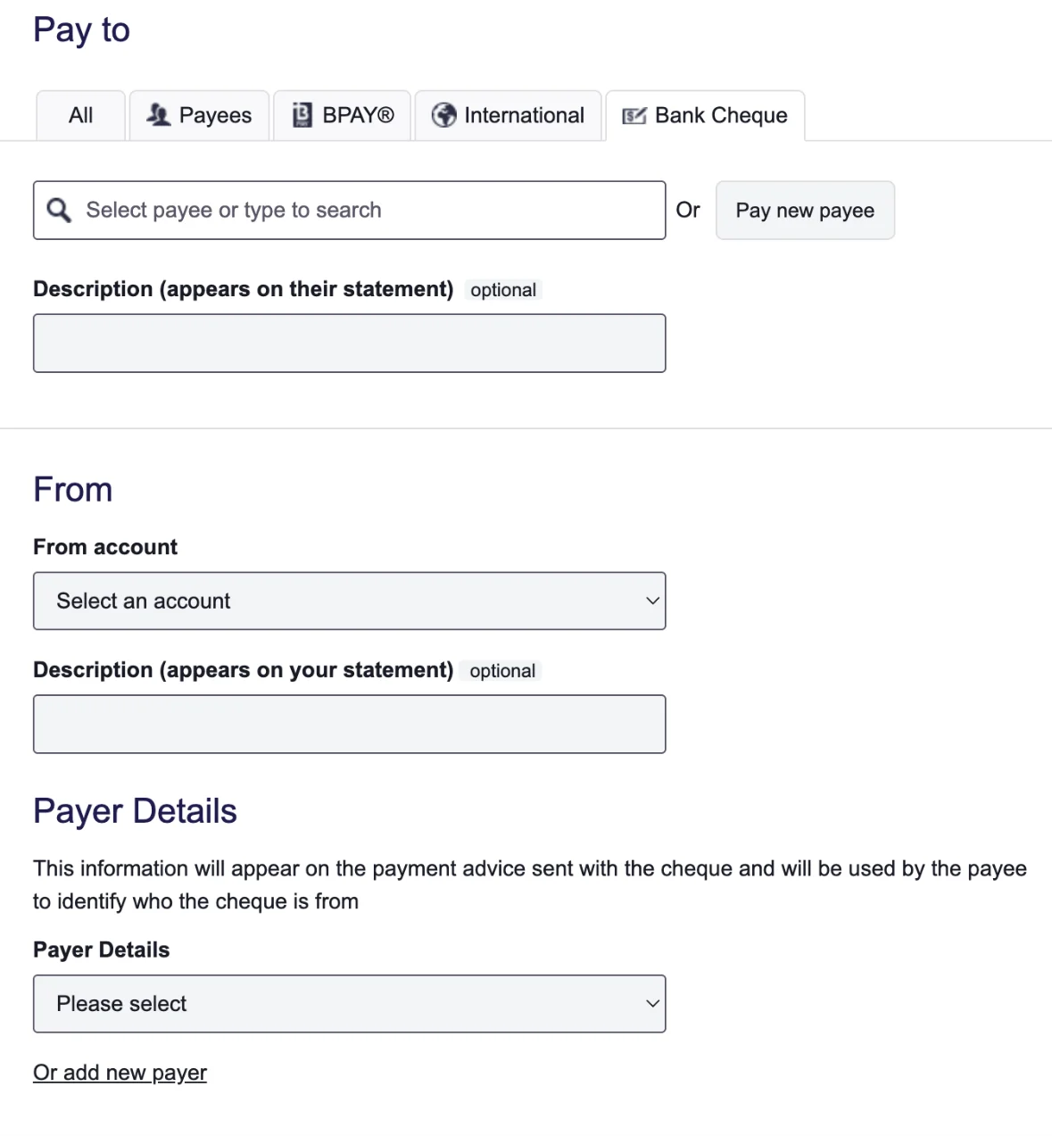 The Bank Cheque section showing the Payer Details field with its lengthy 23-word explanation