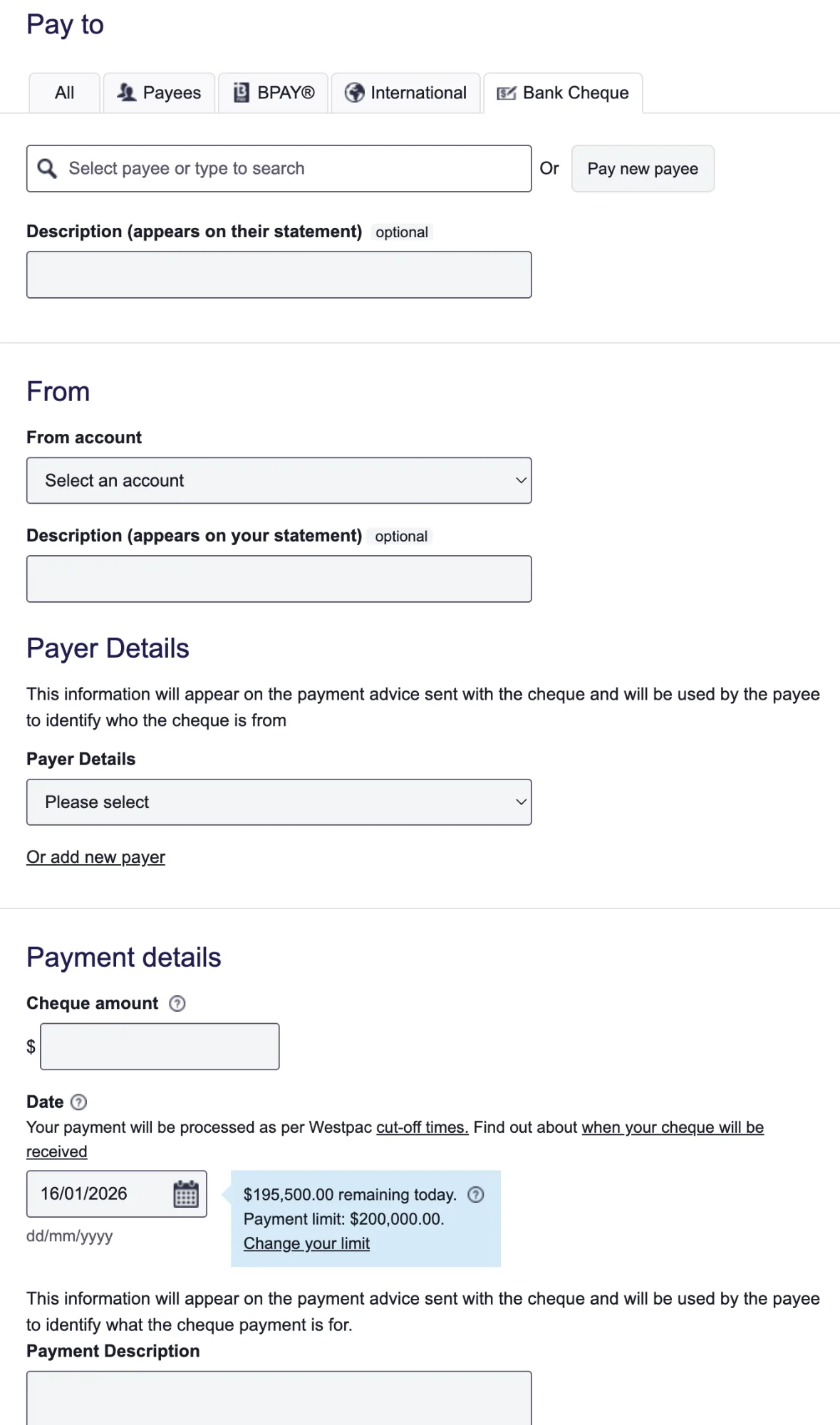 The Bank Cheque section showing the Payer Details field with its lengthy 23-word explanation