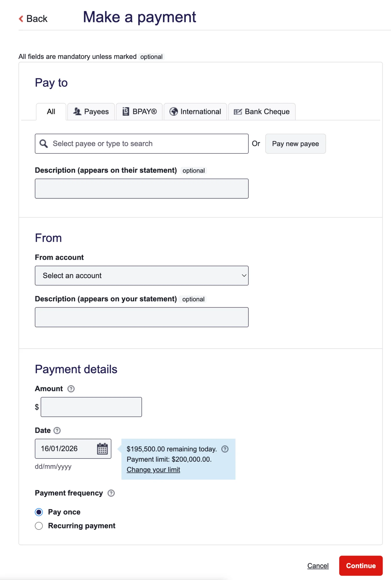 Westpac's Make a Payment page showing tabs, form fields, and sections all competing for attention with no clear visual hierarchy or starting point