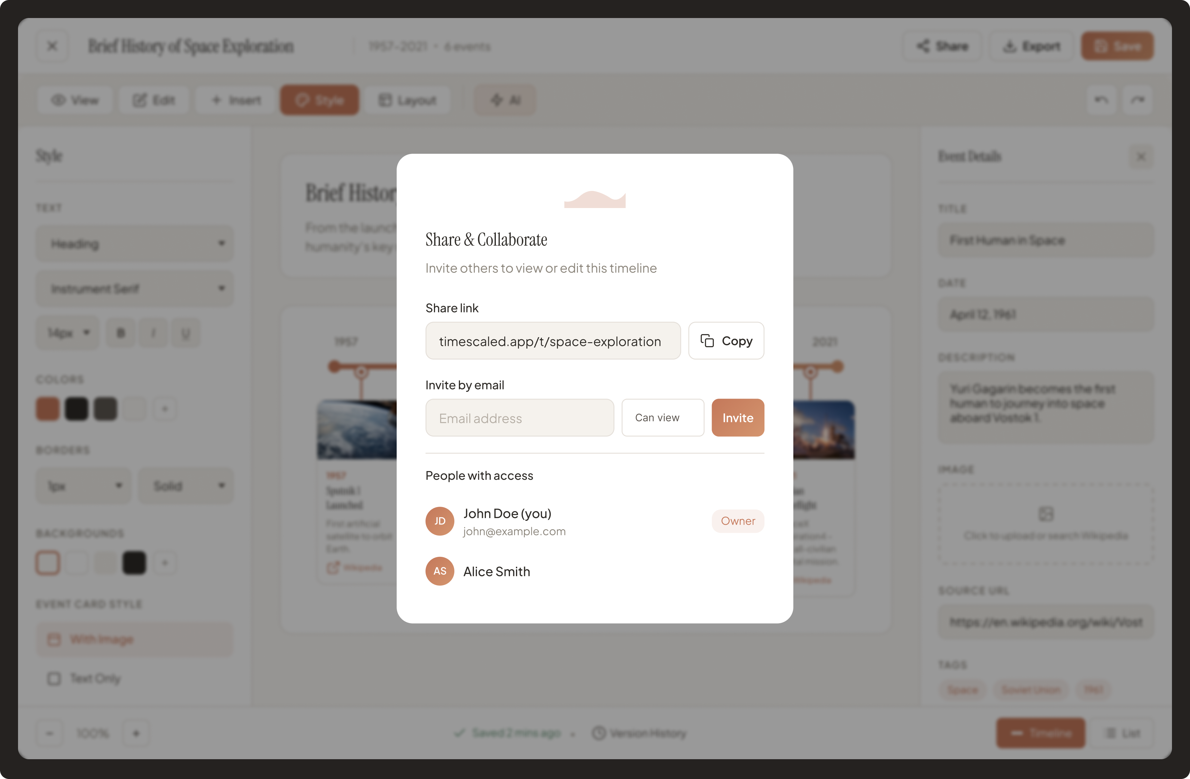 TimeScaled Sharing Modal